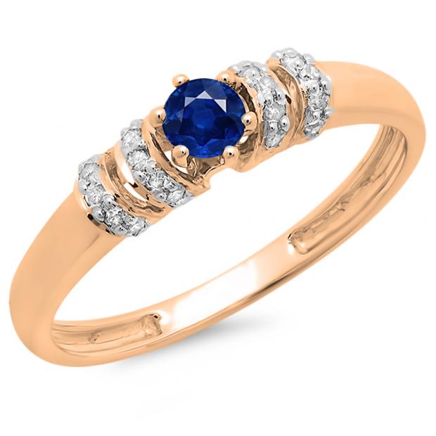 0.25 Carat (ctw) 14K Rose Gold Round Blue Sapphire & White Diamond Ladies Bridal Unique Engagement Ring 1/4 CT