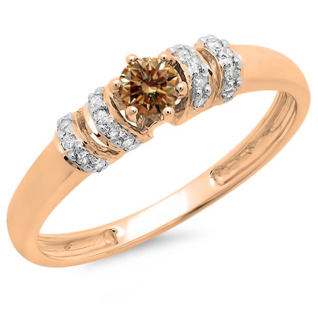0.25 Carat (ctw) 10K Rose Gold Round Champagne & White Diamond Ladies Bridal Unique Engagement Ring 1/4 CT