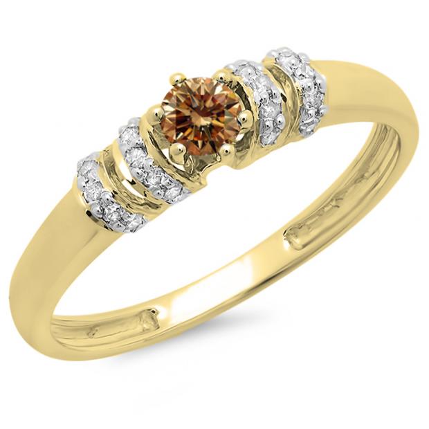 0.25 Carat (ctw) 10K Yellow Gold Round Champagne & White Diamond Ladies Bridal Unique Engagement Ring 1/4 CT