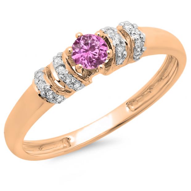 0.25 Carat (ctw) 10K Rose Gold Round Pink Sapphire & White Diamond Ladies Bridal Unique Engagement Ring 1/4 CT