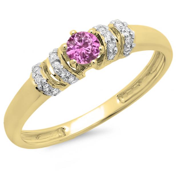 0.25 Carat (ctw) 10K Yellow Gold Round Pink Sapphire & White Diamond Ladies Bridal Unique Engagement Ring 1/4 CT