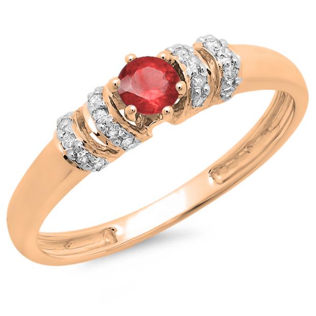 0.25 Carat (ctw) 10K Rose Gold Round Red Ruby & White Diamond Ladies Bridal Unique Engagement Ring 1/4 CT