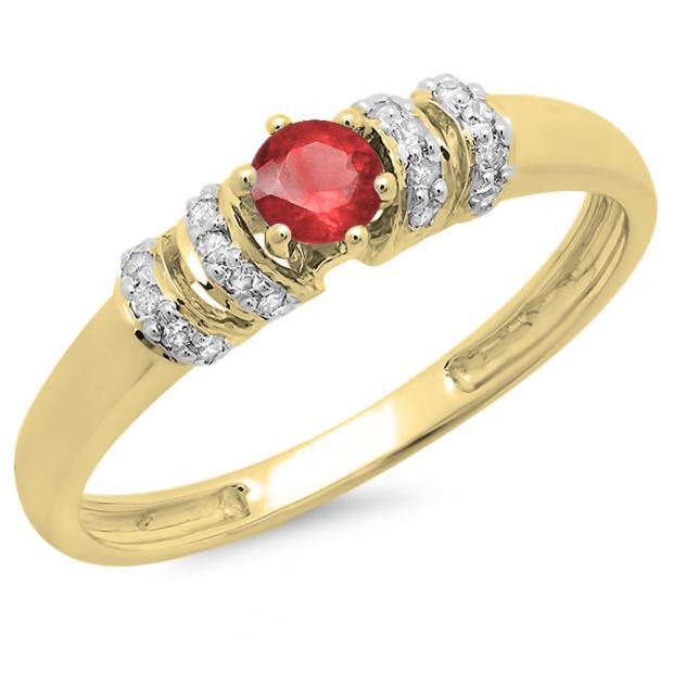0.25 Carat (ctw) 10K Yellow Gold Round Red Ruby & White Diamond Ladies Bridal Unique Engagement Ring 1/4 CT