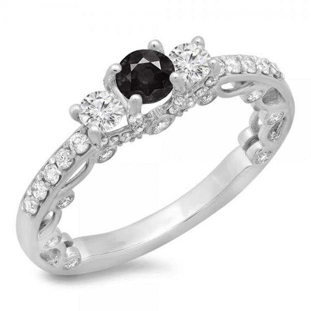 1.15 Carat (ctw) 10K White Gold Round Cut Black & White Diamond Ladies Bridal Vintage 3 Stone Engagement Ring