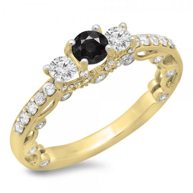 1.15 Carat (ctw) 10K Yellow Gold Round Cut Black & White Diamond Ladies Bridal Vintage 3 Stone Engagement Ring