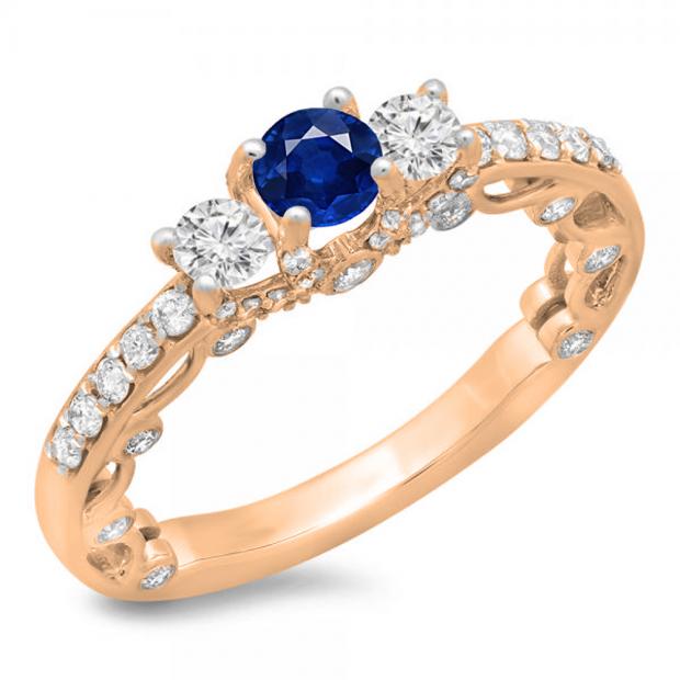 1.15 Carat (ctw) 10K Rose Gold Round Cut Blue Sapphire & White Diamond Ladies Bridal Vintage 3 Stone Engagement Ring