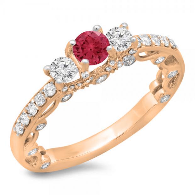 1.15 Carat (ctw) 10K Rose Gold Round Cut Red Ruby & White Diamond Ladies Bridal Vintage 3 Stone Engagement Ring