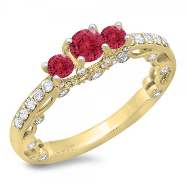 1.15 Carat (ctw) 10K Yellow Gold Round Cut Red Ruby & White Diamond Ladies Bridal Vintage 3 Stone Engagement Ring