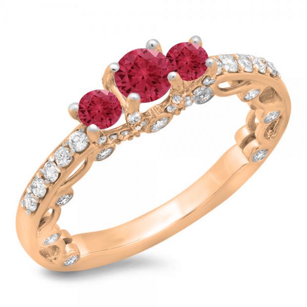1.15 Carat (ctw) 14K Rose Gold Round Cut Red Ruby & White Diamond Ladies Bridal Vintage 3 Stone Engagement Ring