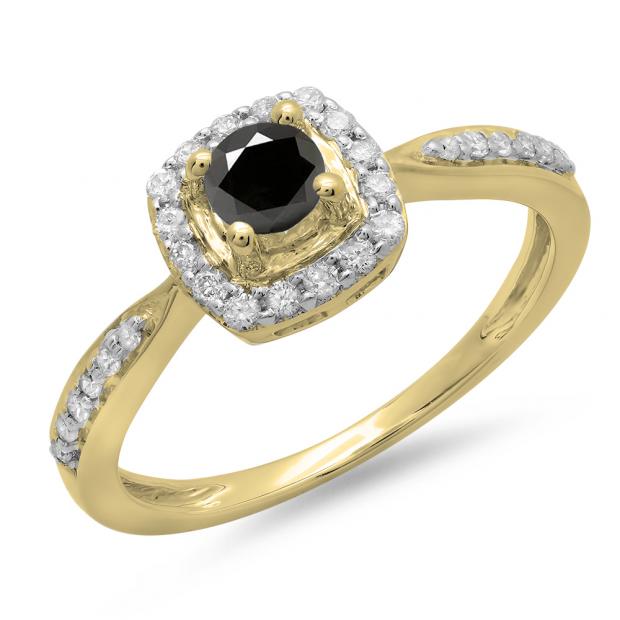 0.50 Carat (ctw) 10K Yellow Gold Round Black & White Diamond Ladies Halo Style Bridal Engagement Ring 1/2 CT