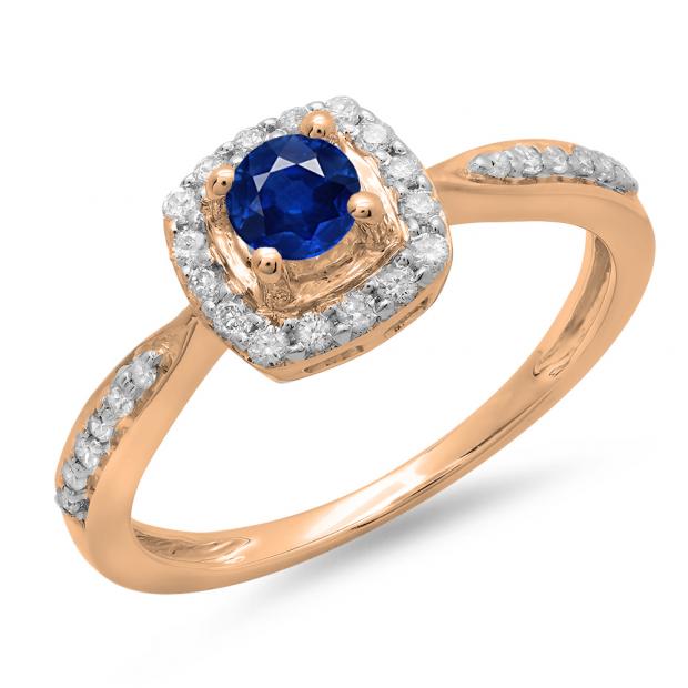 0.50 Carat (ctw) 14K Rose Gold Round Blue Sapphire & White Diamond Ladies Halo Style Bridal Engagement Ring 1/2 CT