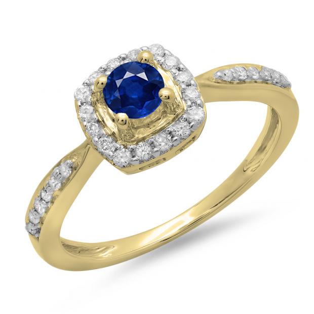 0.50 Carat (ctw) 14K Yellow Gold Round Blue Sapphire & White Diamond Ladies Halo Style Bridal Engagement Ring 1/2 CT