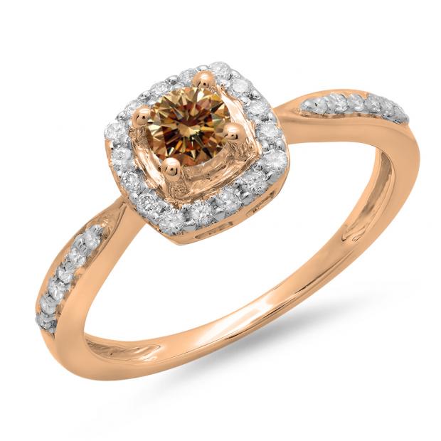 0.50 Carat (ctw) 18K Rose Gold Round Champagne & White Diamond Ladies Halo Style Bridal Engagement Ring 1/2 CT