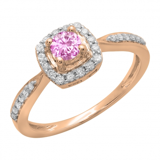 0.50 Carat (ctw) 14K Rose GoldRound Pink Sapphire & White Diamond Ladies Halo Style Bridal Engagement Ring 1/2 CT