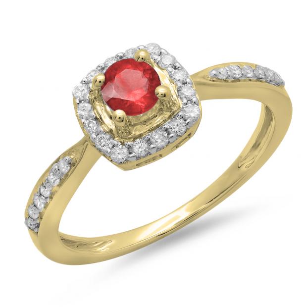 0.50 Carat (ctw) 10K Yellow Gold Round Red Ruby & White Diamond Ladies Halo Style Bridal Engagement Ring 1/2 CT