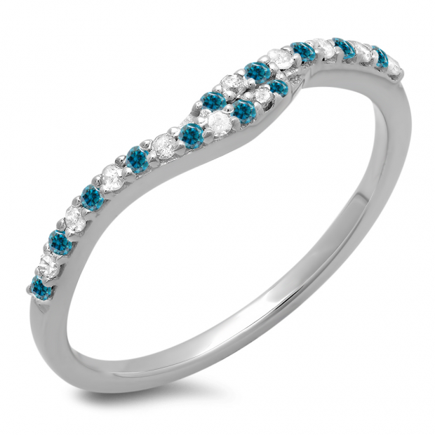 0.20 Carat (ctw) 10K White Gold Round Cut Blue & White Diamond Ladies Anniversary Wedding Band Guard Ring 1/5 CT