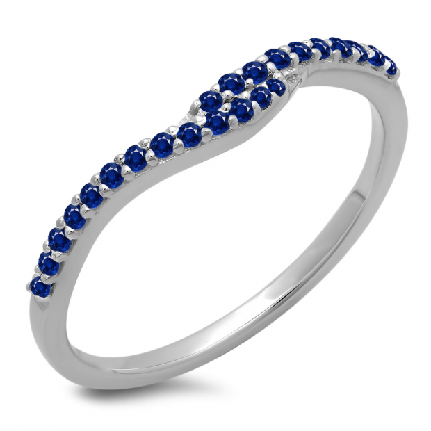 0.20 Carat (ctw) 14K White Gold Round Cut Blue Sapphire Ladies Anniversary Wedding Band Guard Ring 1/5 CT