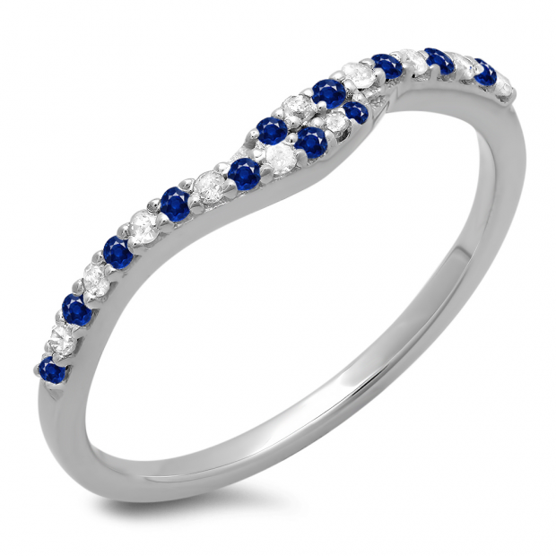 0.20 Carat (ctw) 10K White Gold Round Cut Blue Sapphire & White Diamond Ladies Anniversary Wedding Band Guard Ring 1/5 CT