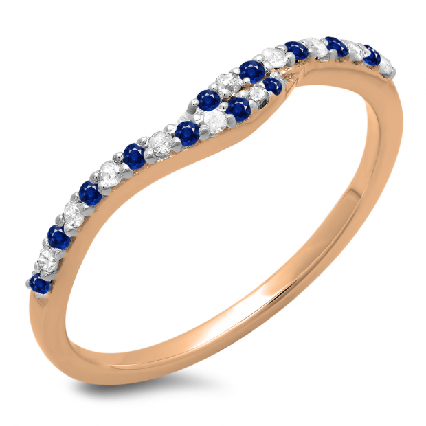 0.20 Carat (ctw) 14K Rose Gold Round Cut Blue Sapphire & White Diamond Ladies Anniversary Wedding Band Guard Ring 1/5 CT