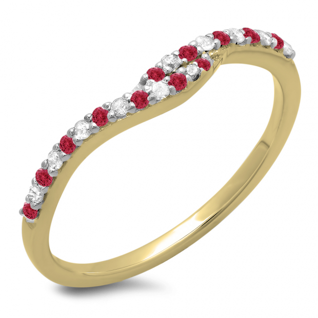 0.20 Carat (ctw) 14K Yellow Gold Round Cut Red Ruby & White Diamond Ladies Anniversary Wedding Band Guard Ring 1/5 CT