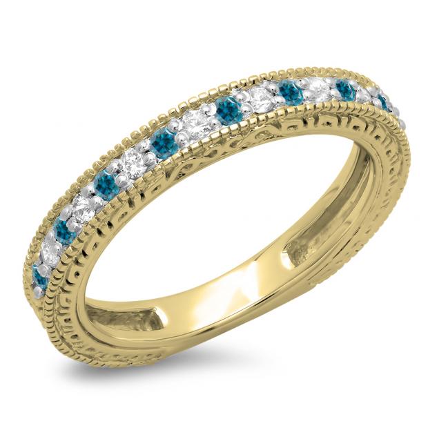 0.33 Carat (ctw) 14K Yellow Gold Round Cut Blue & White Diamonds Ladies Milgrain Anniversary Wedding Stackable Band 1/3 CT