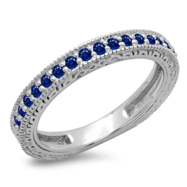 0.33 Carat (ctw) 10K White Gold Round Cut Blue Sapphire Ladies Milgrain Anniversary Wedding Stackable Band 1/3 CT