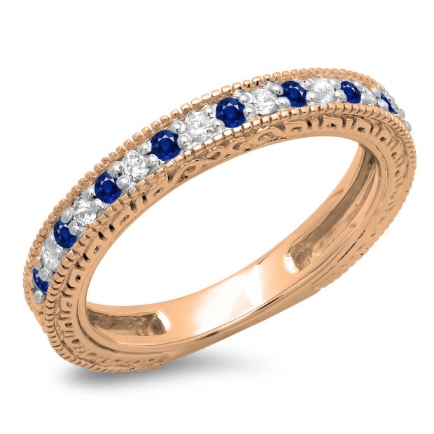 0.33 Carat (ctw) 14K Rose Gold Round Cut Blue Sapphire & White Diamonds Ladies Milgrain Anniversary Wedding Stackable Band 1/3 CT