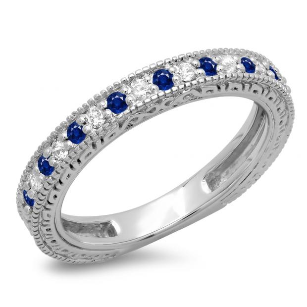 0.33 Carat (ctw) 14K White Gold Round Cut Blue Sapphire & White Diamonds Ladies Milgrain Anniversary Wedding Stackable Band 1/3 CT