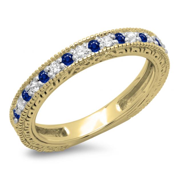 0.33 Carat (ctw) 14K Yellow Gold Round Cut Blue Sapphire & White Diamonds Ladies Milgrain Anniversary Wedding Stackable Band 1/3 CT