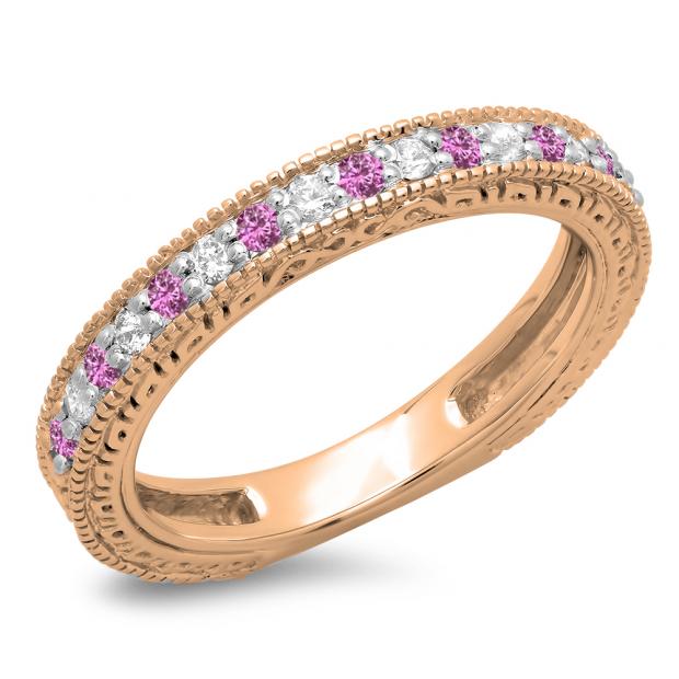 0.33 Carat (ctw) 14K Rose Gold Round Cut Pink Sapphire & White Diamonds Ladies Milgrain Anniversary Wedding Stackable Band 1/3 CT