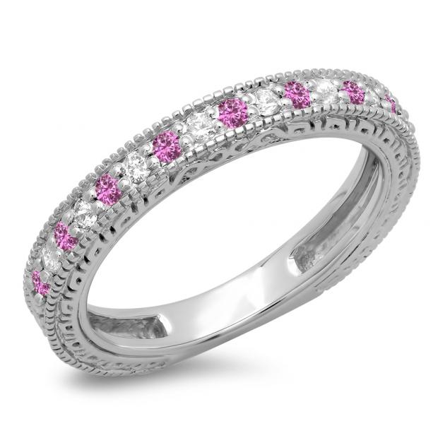0.33 Carat (ctw) 14K White Gold Round Cut Pink Sapphire & White Diamonds Ladies Milgrain Anniversary Wedding Stackable Band 1/3 CT