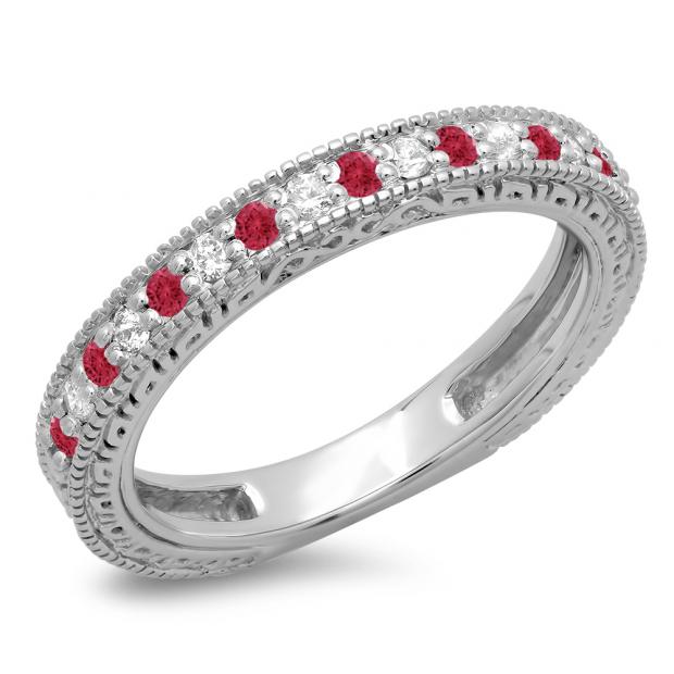 0.33 Carat (ctw) 14K White Gold Round Cut Red Ruby & White Diamonds Ladies Milgrain Anniversary Wedding Stackable Band 1/3 CT