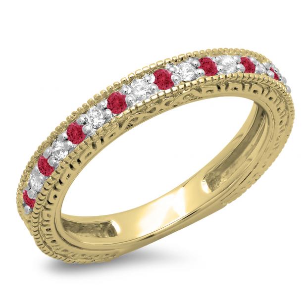 0.33 Carat (ctw) 14K Yellow Gold Round Cut Red Ruby & White Diamonds Ladies Milgrain Anniversary Wedding Stackable Band 1/3 CT