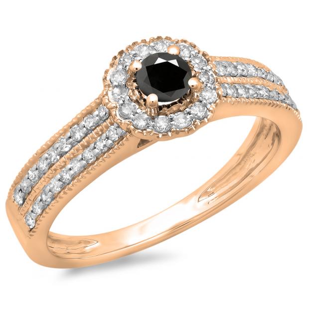 0.50 Carat (ctw) 14K Rose Gold Round Black & White Diamond Ladies Bridal Halo Style Cluster Engagement Ring 1/2 CT