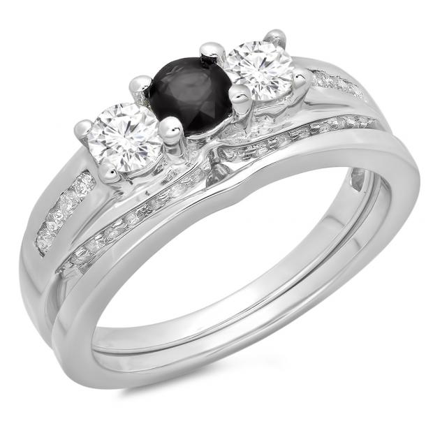 1.10 Carat (ctw) 10K White Gold Round Black & White Diamond Ladies Bridal 3 Stone Engagement Ring With Matching Band Set 1 CT
