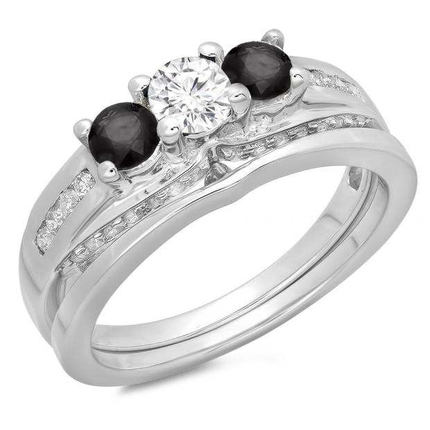 1.10 Carat (ctw) 14K White Gold Round Black & White Diamond Ladies Bridal 3 Stone Engagement Ring With Matching Band Set 1 CT
