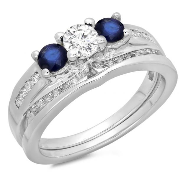 1.10 Carat (ctw) 10K White Gold Round Blue Sapphire & White Diamond Ladies Bridal 3 Stone Engagement Ring With Matching Band Set 1 CT