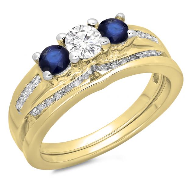 1.10 Carat (ctw) 18K Yellow Gold Round Blue Sapphire & White Diamond Ladies Bridal 3 Stone Engagement Ring With Matching Band Set 1 CT