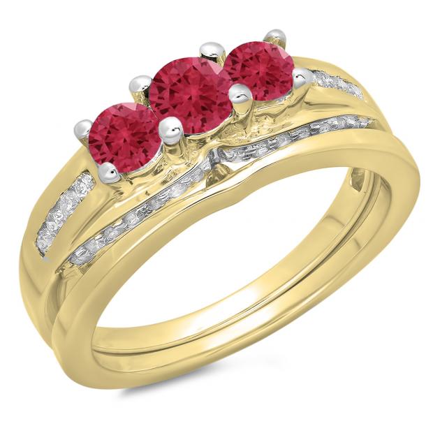 1.10 Carat (ctw) 14K Yellow Gold Round Red Ruby & White Diamond Ladies Bridal 3 Stone Engagement Ring With Matching Band Set 1 CT