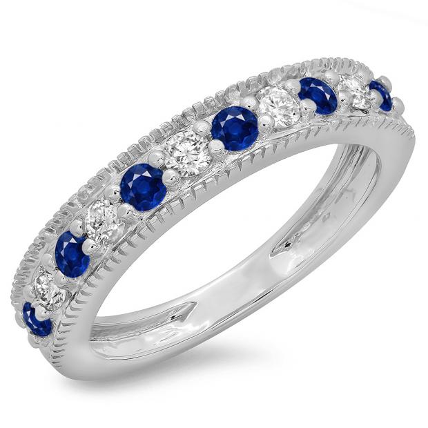 0.50 Carat (ctw) 10K White Gold Round Cut Blue Sapphire & White Diamond Ladies Milgrain Anniversary Wedding Stackable Band 1/2 CT