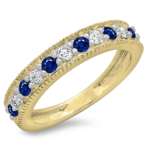 0.50 Carat (ctw) 14K Yellow Gold Round Cut Blue Sapphire & White Diamond Ladies Milgrain Anniversary Wedding Stackable Band 1/2 CT