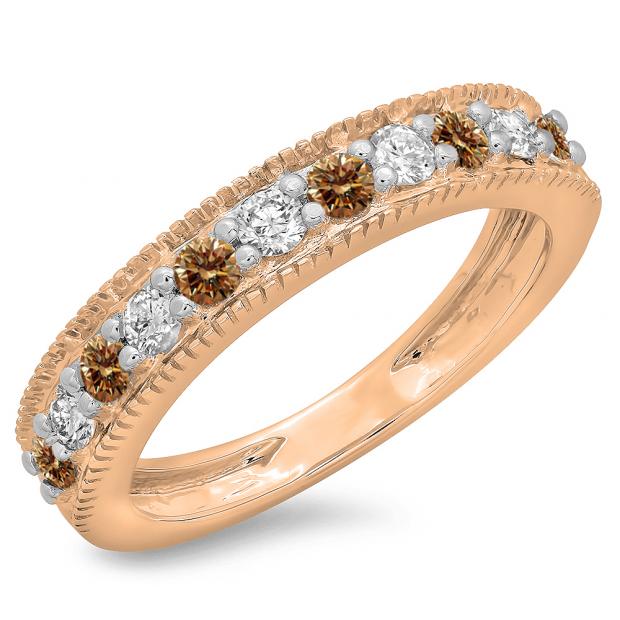 0.50 Carat (ctw) 10K Rose Gold Round Cut Champagne & White Diamond Ladies Milgrain Anniversary Wedding Stackable Band 1/2 CT