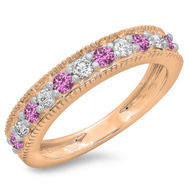 0.50 Carat (ctw) 18K Rose Gold Round Cut Pink Sapphire & White Diamond Ladies Milgrain Anniversary Wedding Stackable Band 1/2 CT