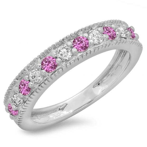 0.50 Carat (ctw) 18K White Gold Round Cut Pink Sapphire & White Diamond Ladies Milgrain Anniversary Wedding Stackable Band 1/2 CT