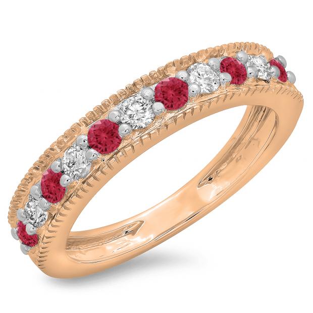 0.50 Carat (ctw) 10K Rose Gold Round Cut Red Ruby & White Diamond Ladies Milgrain Anniversary Wedding Stackable Band 1/2 CT