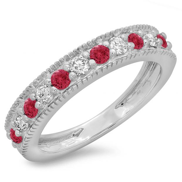 0.50 Carat (ctw) 14K White Gold Round Cut Red Ruby & White Diamond Ladies Milgrain Anniversary Wedding Stackable Band 1/2 CT