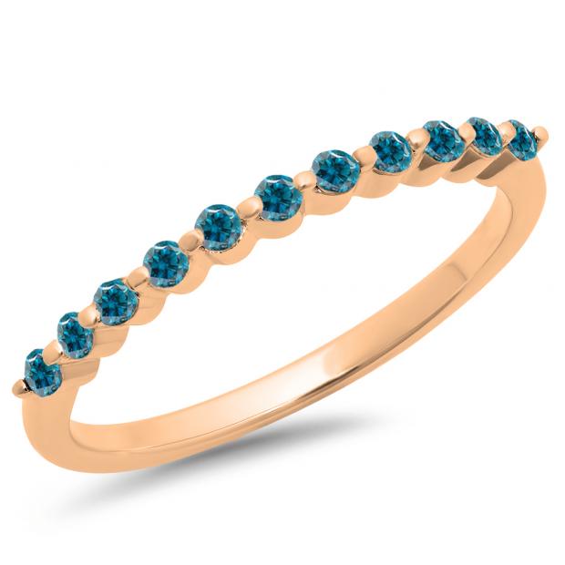 0.25 Carat (ctw) 18K Rose Gold Round Blue Diamond Ladies 11 Stone Anniversary Wedding Stackable Band 1/4 CT