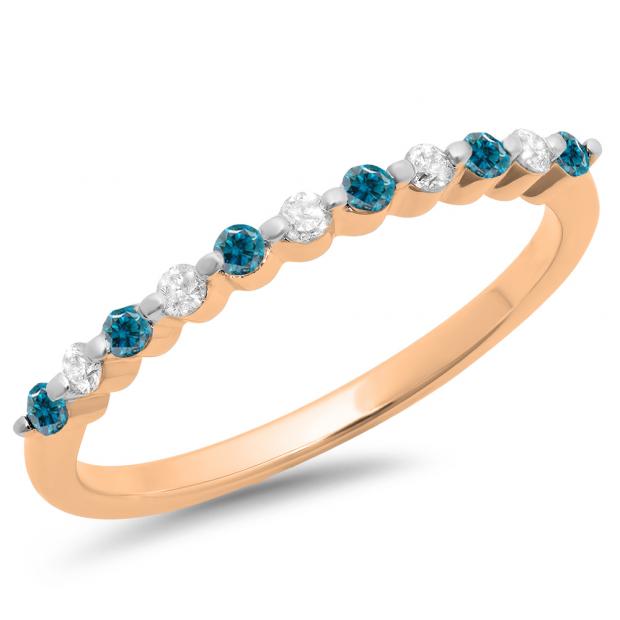 0.25 Carat (ctw) 18K Rose Gold Round Blue & White Diamond Ladies 11 Stone Anniversary Wedding Stackable Band 1/4 CT