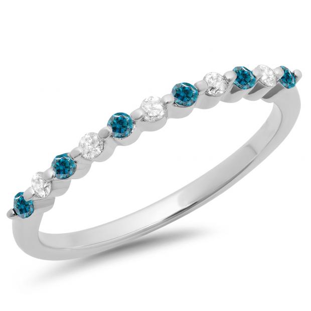 0.25 Carat (ctw) 18K White Gold Round Blue & White Diamond Ladies 11 Stone Anniversary Wedding Stackable Band 1/4 CT