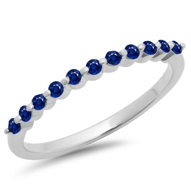 0.25 Carat (ctw) 10K White Gold Round Blue Sapphire Ladies 11 Stone Anniversary Wedding Stackable Band 1/4 CT